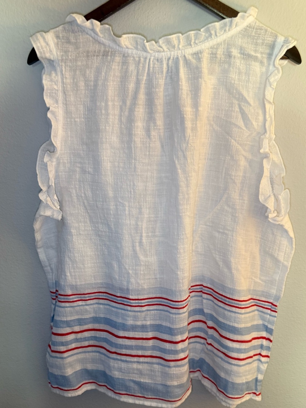 White V-Neck Sleeveless Blouse with Red & Blue Stripe Hem - Picture 3 of 5